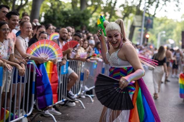 Madrid, pride 2026 A woman in makeup and party dress participates in MADO 2026 on a street in downtown Madrid. Celebration of MADO, annual LGBT Pride parade through the center of Madrid, one of the largest and most important in Europe. MADRID Spain Copyright: xDavidxCanalesx xSOPAxImagesx David-Canales-1438719