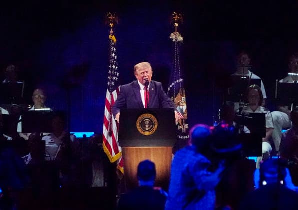 President Donald Trump speaks during a Salute to America event to celebrate America s 250th anniversary in Washington DC on Saturday, July 4, 2026. The speech is scheduled to conclude with a 35 minute fireworks display featuring 850,000 pyrotechnic effects.  WAP20260704902 BONNIExCASH
