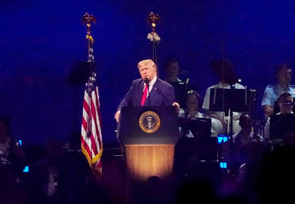 President Donald Trump speaks during a Salute to America event to celebrate America s 250th anniversary in Washington DC on Saturday, July 4, 2026. The speech is scheduled to conclude with a 35 minute fireworks display featuring 850,000 pyrotechnic effects.  WAP20260704903 BONNIExCASH