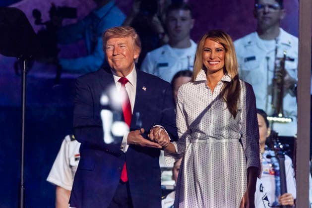 President Donald Trump and first lady Melania Trump prepare to speak during the Salute to America 250 celebration on the National Mall in Washington DC on Saturday, July 4, 2026. The president s speech will be followed by a 35 minute July 4th fireworks display which will feature 850,000 fireworks and pyrotechnic effects.  WAX20260704958 JIMxLOxSCALZO