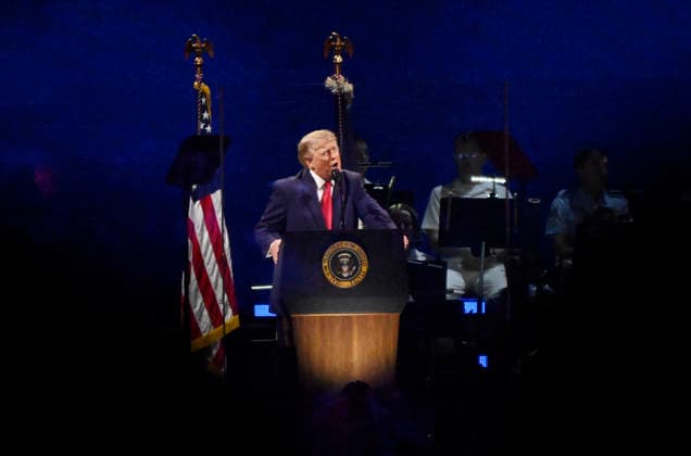 President Donald Trump speaks during a Salute to America event to celebrate America s 250th anniversary in Washington DC on Saturday, July 4, 2026. The speech is scheduled to conclude with a 35 minute fireworks display featuring 850,000 pyrotechnic effects.  WAP20260704904 DANIELxHEUER