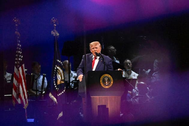 President Donald Trump speaks during a Salute to America event to celebrate America s 250th anniversary in Washington DC on Saturday, July 4, 2026. The speech is scheduled to conclude with a 35 minute fireworks display featuring 850,000 pyrotechnic effects.  WAP20260704905 DANIELxHEUER
