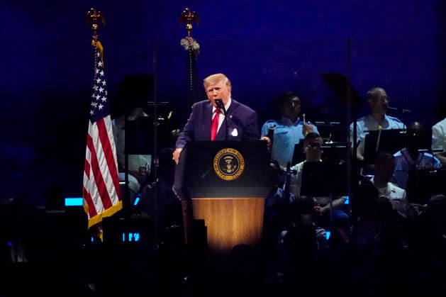 President Donald Trump speaks during a Salute to America event to celebrate America s 250th anniversary in Washington DC on Saturday, July 4, 2026. The speech is scheduled to conclude with a 35 minute fireworks display featuring 850,000 pyrotechnic effects.  WAP20260704908 BONNIExCASH