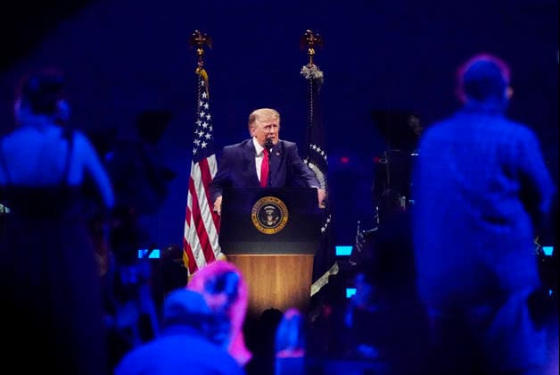 President Donald Trump speaks during a Salute to America event to celebrate America s 250th anniversary in Washington DC on Saturday, July 4, 2026. The speech is scheduled to conclude with a 35 minute fireworks display featuring 850,000 pyrotechnic effects.  WAP20260704909 BONNIExCASH