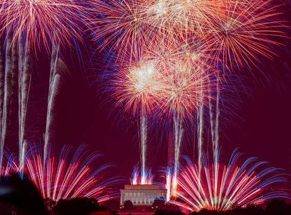 Fireworks explode around the Lincoln Memorial on the National Mall as part of the America 250 celebrations in Washington DC on Saturday, July 4, 2026. The Washington Monument can be seen in the background. The 35 minute July 4 fireworks show featured 850,000 fireworks and pyrotechnic effects.  WAP20260704101 PATxBENIC