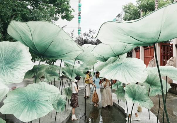 Lotus Leaf Art Installation Citizens enjoy the cool breeze under an art installation composed of giant lotus leaves in Hangzhou, Zhejiang Province, China on July 5, 2026. Hangzhou Zhejiang China  Copyright: xLWx i1783267420205