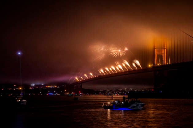 Spectators watch the fireworks display on the Golden Gate Bridge for the 250th anniversary of the United States from Horseshoe Bay in Sausalito, California on Saturday, July 4, 2026.  SFP20260704308 PETERxDASILVA