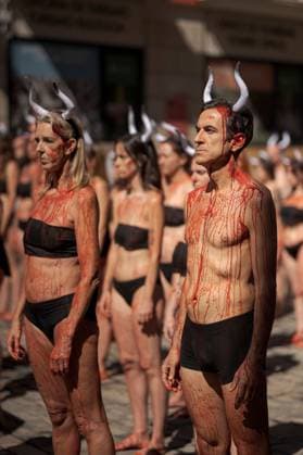 Animal rights activists protest in Pamplona ahead of San Fermin Festival PAMPLONA, SPAIN JULY 5, 2026: Animal rights activists from PETA (People for the Ethical Treatment of Animals) and AnimaNaturalis take part in a demonstration against bullfighting and the Running of the Bulls in Pamplona, Spain, on July 5, 2026, ahead of the San Fermin Festival. The annual festival, which begins on July 6, is internationally known for its traditional bull runs and bullfights, practices that the organizations oppose on animal welfare grounds. Pamplona Navarre Spain Copyright: x xGarixGaraialdex xJNAxPressx