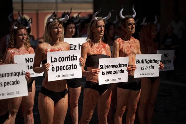 Animal rights activists protest in Pamplona ahead of San Fermin Festival PAMPLONA, SPAIN JULY 5, 2026: Animal rights activists from PETA (People for the Ethical Treatment of Animals) and AnimaNaturalis take part in a demonstration against bullfighting and the Running of the Bulls in Pamplona, Spain, on July 5, 2026, ahead of the San Fermin Festival. The annual festival, which begins on July 6, is internationally known for its traditional bull runs and bullfights, practices that the organizations oppose on animal welfare grounds. Pamplona Navarre Spain Copyright: x xGarixGaraialdex xJNAxPressx