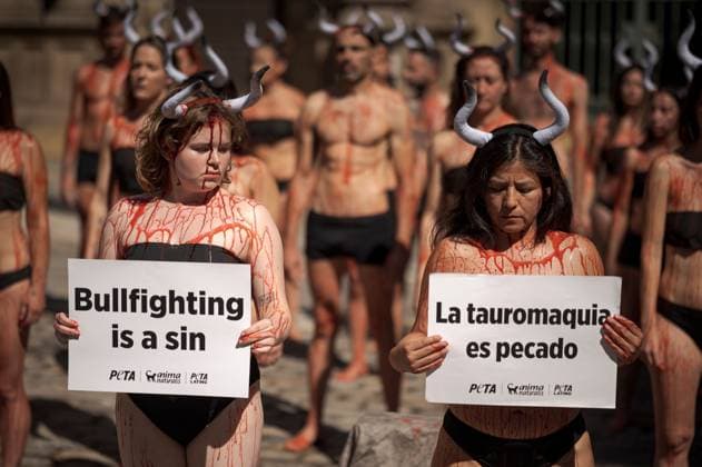 Animal rights activists protest in Pamplona ahead of San Fermin Festival PAMPLONA, SPAIN JULY 5, 2026: Animal rights activists from PETA (People for the Ethical Treatment of Animals) and AnimaNaturalis take part in a demonstration against bullfighting and the Running of the Bulls in Pamplona, Spain, on July 5, 2026, ahead of the San Fermin Festival. The annual festival, which begins on July 6, is internationally known for its traditional bull runs and bullfights, practices that the organizations oppose on animal welfare grounds. Pamplona Navarre Spain Copyright: x xGarixGaraialdex xJNAxPressx