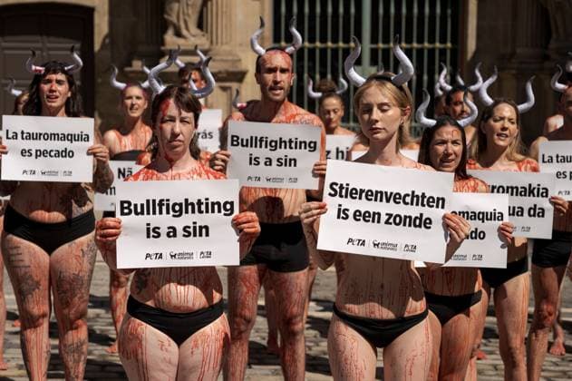 Animal rights activists protest in Pamplona ahead of San Fermin Festival PAMPLONA, SPAIN JULY 5, 2026: Animal rights activists from PETA (People for the Ethical Treatment of Animals) and AnimaNaturalis take part in a demonstration against bullfighting and the Running of the Bulls in Pamplona, Spain, on July 5, 2026, ahead of the San Fermin Festival. The annual festival, which begins on July 6, is internationally known for its traditional bull runs and bullfights, practices that the organizations oppose on animal welfare grounds. Pamplona Navarre Spain Copyright: x xGarixGaraialdex xJNAxPressx