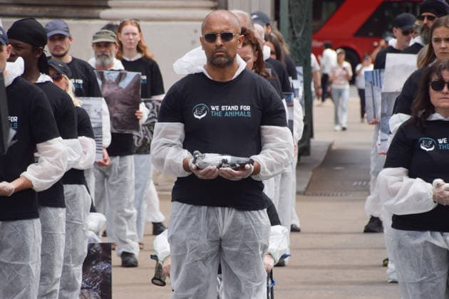 July 5, 2026, London, England, United Kingdom: Animal rights activists hold dead animals next to the Wellington Arch at Hyde Park Corner during a vigil by the group We Stand For The Animals for the billions of animals exploited, abused and killed by humans for food, clothing, entertainment and other areas of human activity. The activists held pictures of various species as well as bodies of real animals, who died of natural causes, in remembrance of animals worldwide and in protest against speciesism. London United Kingdom  - ZUMAv130 20260705_zip_v130_013 Copyright: xVukxValcicx