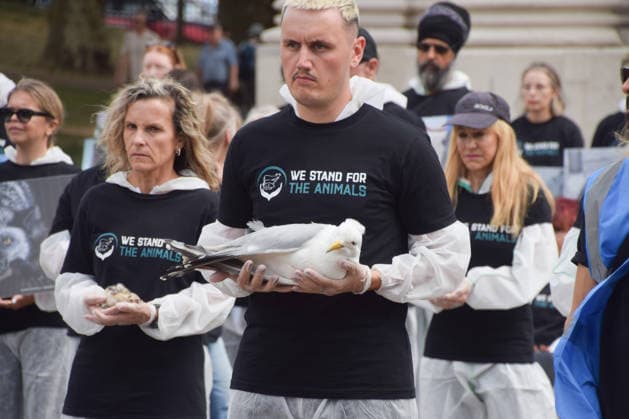 July 5, 2026, London, England, United Kingdom: Animal rights activists hold dead animals next to the Wellington Arch at Hyde Park Corner during a vigil by the group We Stand For The Animals for the billions of animals exploited, abused and killed by humans for food, clothing, entertainment and other areas of human activity. The activists held pictures of various species as well as bodies of real animals, who died of natural causes, in remembrance of animals worldwide and in protest against speciesism. London United Kingdom  - ZUMAv130 20260705_zip_v130_019 Copyright: xVukxValcicx