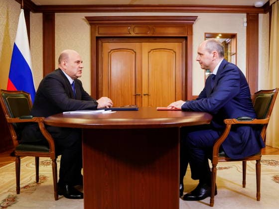 RUSSIA, YEKATERINBURG - JULY 5, 2026: Russia s Prime Minister Mikhail Mishustin (L) and Sverdlovsk Region Governor Denis Pasler hold a meeting at Koltsovo International Airport. Mikhail Mishustin is on a working visit to Yekaterinburg to participate in the 16th Innoprom International Industrial Exhibition, which is taking place on 6-9 July. Dmitry Astakhov POOL TASS  94710300