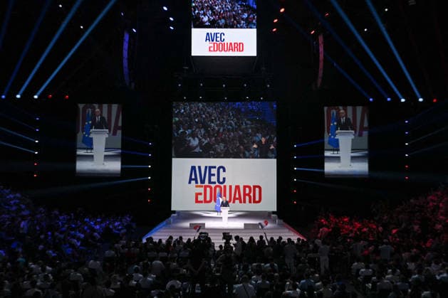 Edouard Philippe presidential campaign 2027 in Paris FA French right-wing party Horizons founder and president, mayor of Le Havre and candidate for the 2027 French presidential election Edouard Philippe delivers a speech on stage during his presidential election campaign rally at the Adidas Arena in Paris on July 5, 2026. Photo by Firas Abdullah ABACAPRESS.COM Paris Ile-de-France France  Copyright: xAbdullahxFiras ABACAx