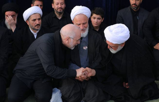 Funeral ceremony held in Tehran for Iran s former leader Khamenei TEHRAN, IRAN - JULY 5: ( RESTRICTIONS: NO Access Israel Media Persian Language TV Stations Outside Iran Strictly No Access BBC Persian VOA Persian Manoto TV Iran International TV ) (----EDITORIAL USE ONLY - MANDATORY CREDIT - IRANIAN LEADER PRESS OFFICE HANDOUT - NO MARKETING NO ADVERTISING CAMPAIGNS - DISTRIBUTED AS A SERVICE TO CLIENTS----) Iranian Parliament Speaker Mohammad Bagher Ghalibaf (L) attends the funeral ceremony held for former Iranian Supreme Leader Ali Khamenei, who was killed during attacks launched by the United States and Israel on Feb. 28, and his family members at the Imam Khomeini Mosalla Mosque in Tehran, Iran, on July 5, 2026. Iranian Leader Press  Copyright: x2026xAnadoluxIranianxLeaderxPressxOfficex xHandoutx