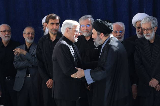 Funeral ceremony held in Tehran for Iran s former leader Khamenei TEHRAN, IRAN - JULY 5: ( RESTRICTIONS: NO Access Israel Media Persian Language TV Stations Outside Iran Strictly No Access BBC Persian VOA Persian Manoto TV Iran International TV ) (----EDITORIAL USE ONLY - MANDATORY CREDIT - IRANIAN LEADER PRESS OFFICE HANDOUT - NO MARKETING NO ADVERTISING CAMPAIGNS - DISTRIBUTED AS A SERVICE TO CLIENTS----) Ali Khamenei’s son Masoud Khamenei (2nd R) and Iranian First Vice President Mohammad Reza Aref (L) attend the funeral ceremony held for former Iranian Supreme Leader Ali Khamenei, who was killed during attacks launched by the United States and Israel on Feb. 28, and his family members at the Imam Khomeini Mosalla Mosque in Tehran, Ir  Copyright: x2026xAnadoluxIranianxLeaderxPressxOfficex xHandoutx