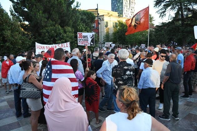 Demonstrations continue over tourism project in Zvernec, Albania TIRANA, ALBANIA - JULY 5: Demonstrators gather at Skanderbeg Square on the 36th day of protests against a planned tourism project in the Zvernec area of Vlora, in Tirana, Albania, on July 5, 2026. Protesters rally under the slogan Albania is not for sale, voicing their opposition to the proposed development. Olsi Shehu Anadolu Tirana Albania. Editorial use only. Please get in touch for any other usage.  Copyright: x2026xAnadoluxOlsixShehux
