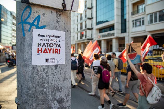 July 5, 2026, Istanbul, Istanbul, Turkey: Members and supporters of the No to NATO Coordination march during a demonstration under the slogan You Are Not Welcome, We Are Marching Against NATO in the Kadikoy district of Istanbul, Turkey, on July 5, 2026. The protest opposed NATO policies, militarization, and war, with participants carrying banners and chanting slogans during the march. Istanbul Turkey  - ZUMAt171 20260705_zip_t171_002 Copyright: xAbdullahxTepelix