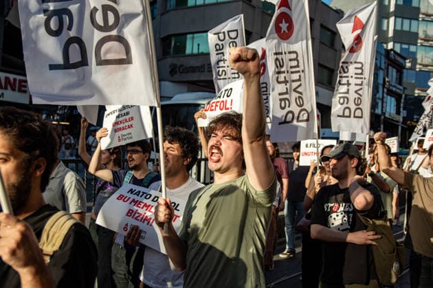 July 5, 2026, Istanbul, Istanbul, Turkey: Members and supporters of the No to NATO Coordination march during a demonstration under the slogan You Are Not Welcome, We Are Marching Against NATO in the Kadikoy district of Istanbul, Turkey, on July 5, 2026. The protest opposed NATO policies, militarization, and war, with participants carrying banners and chanting slogans during the march. Istanbul Turkey  - ZUMAt171 20260705_zip_t171_004 Copyright: xAbdullahxTepelix