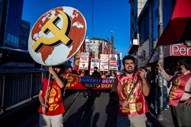 July 5, 2026, Istanbul, Istanbul, Turkey: Members and supporters of the No to NATO Coordination march during a demonstration under the slogan You Are Not Welcome, We Are Marching Against NATO in the Kadikoy district of Istanbul, Turkey, on July 5, 2026. The protest opposed NATO policies, militarization, and war, with participants carrying banners and chanting slogans during the march. Istanbul Turkey  - ZUMAt171 20260705_zip_t171_005 Copyright: xAbdullahxTepelix
