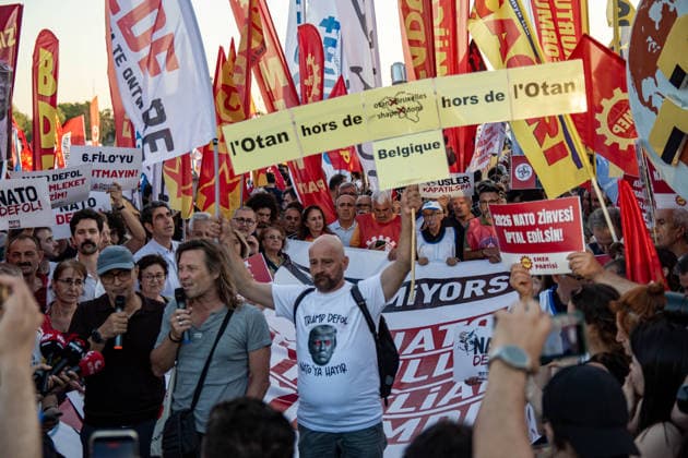 July 5, 2026, Istanbul, Istanbul, Turkey: Members and supporters of the No to NATO Coordination march during a demonstration under the slogan You Are Not Welcome, We Are Marching Against NATO in the Kadikoy district of Istanbul, Turkey, on July 5, 2026. The protest opposed NATO policies, militarization, and war, with participants carrying banners and chanting slogans during the march. Istanbul Turkey  - ZUMAt171 20260705_zip_t171_008 Copyright: xAbdullahxTepelix