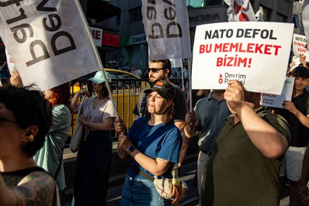 July 5, 2026, Istanbul, Istanbul, Turkey: Members and supporters of the No to NATO Coordination march during a demonstration under the slogan You Are Not Welcome, We Are Marching Against NATO in the Kadikoy district of Istanbul, Turkey, on July 5, 2026. The protest opposed NATO policies, militarization, and war, with participants carrying banners and chanting slogans during the march. Istanbul Turkey  - ZUMAt171 20260705_zip_t171_009 Copyright: xAbdullahxTepelix