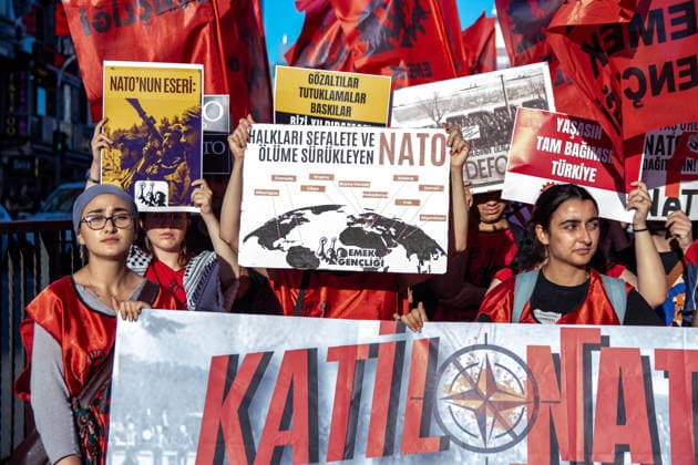 July 5, 2026, Istanbul, Istanbul, Turkey: Members and supporters of the No to NATO Coordination march during a demonstration under the slogan You Are Not Welcome, We Are Marching Against NATO in the Kadikoy district of Istanbul, Turkey, on July 5, 2026. The protest opposed NATO policies, militarization, and war, with participants carrying banners and chanting slogans during the march. Istanbul Turkey  - ZUMAt171 20260705_zip_t171_011 Copyright: xAbdullahxTepelix
