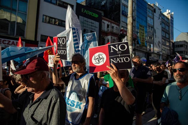 July 5, 2026, Istanbul, Istanbul, Turkey: Members and supporters of the No to NATO Coordination march during a demonstration under the slogan You Are Not Welcome, We Are Marching Against NATO in the Kadikoy district of Istanbul, Turkey, on July 5, 2026. The protest opposed NATO policies, militarization, and war, with participants carrying banners and chanting slogans during the march. Istanbul Turkey  - ZUMAt171 20260705_zip_t171_018 Copyright: xAbdullahxTepelix