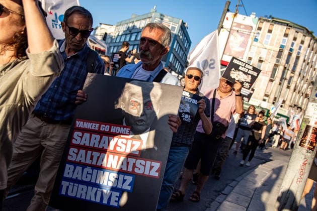 July 5, 2026, Istanbul, Istanbul, Turkey: Members and supporters of the No to NATO Coordination march during a demonstration under the slogan You Are Not Welcome, We Are Marching Against NATO in the Kadikoy district of Istanbul, Turkey, on July 5, 2026. The protest opposed NATO policies, militarization, and war, with participants carrying banners and chanting slogans during the march. Istanbul Turkey  - ZUMAt171 20260705_zip_t171_019 Copyright: xAbdullahxTepelix
