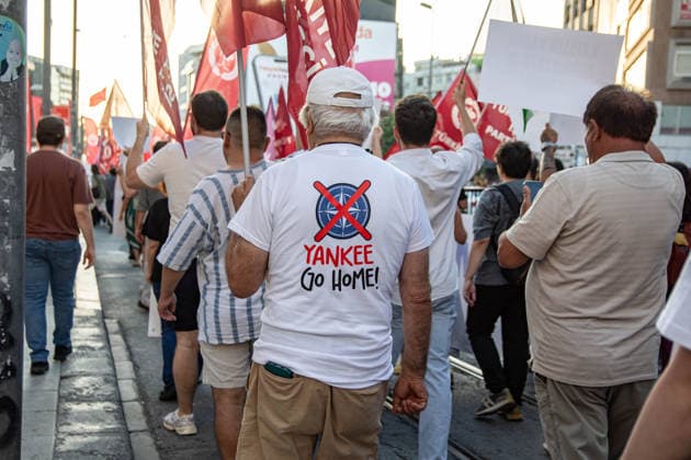 July 5, 2026, Istanbul, Istanbul, Turkey: Members and supporters of the No to NATO Coordination march during a demonstration under the slogan You Are Not Welcome, We Are Marching Against NATO in the Kadikoy district of Istanbul, Turkey, on July 5, 2026. The protest opposed NATO policies, militarization, and war, with participants carrying banners and chanting slogans during the march. Istanbul Turkey  - ZUMAt171 20260705_zip_t171_023 Copyright: xAbdullahxTepelix