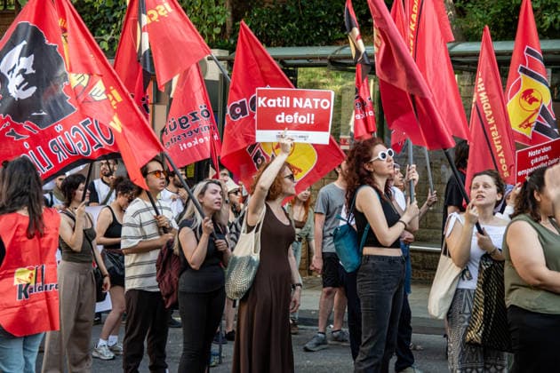 July 5, 2026, Istanbul, Istanbul, Turkey: Members and supporters of the No to NATO Coordination march during a demonstration under the slogan You Are Not Welcome, We Are Marching Against NATO in the Kadikoy district of Istanbul, Turkey, on July 5, 2026. The protest opposed NATO policies, militarization, and war, with participants carrying banners and chanting slogans during the march. Istanbul Turkey  - ZUMAt171 20260705_zip_t171_024 Copyright: xAbdullahxTepelix