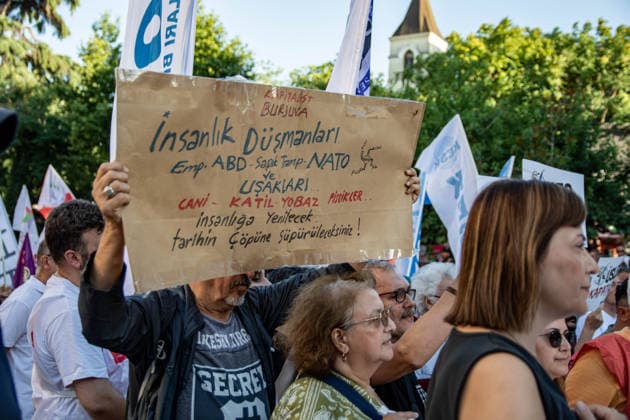 July 5, 2026, Istanbul, Istanbul, Turkey: Members and supporters of the No to NATO Coordination march during a demonstration under the slogan You Are Not Welcome, We Are Marching Against NATO in the Kadikoy district of Istanbul, Turkey, on July 5, 2026. The protest opposed NATO policies, militarization, and war, with participants carrying banners and chanting slogans during the march. Istanbul Turkey  - ZUMAt171 20260705_zip_t171_030 Copyright: xAbdullahxTepelix