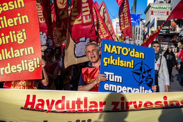 July 5, 2026, Istanbul, Istanbul, Turkey: Members and supporters of the No to NATO Coordination march during a demonstration under the slogan You Are Not Welcome, We Are Marching Against NATO in the Kadikoy district of Istanbul, Turkey, on July 5, 2026. The protest opposed NATO policies, militarization, and war, with participants carrying banners and chanting slogans during the march. Istanbul Turkey  - ZUMAt171 20260705_zip_t171_031 Copyright: xAbdullahxTepelix