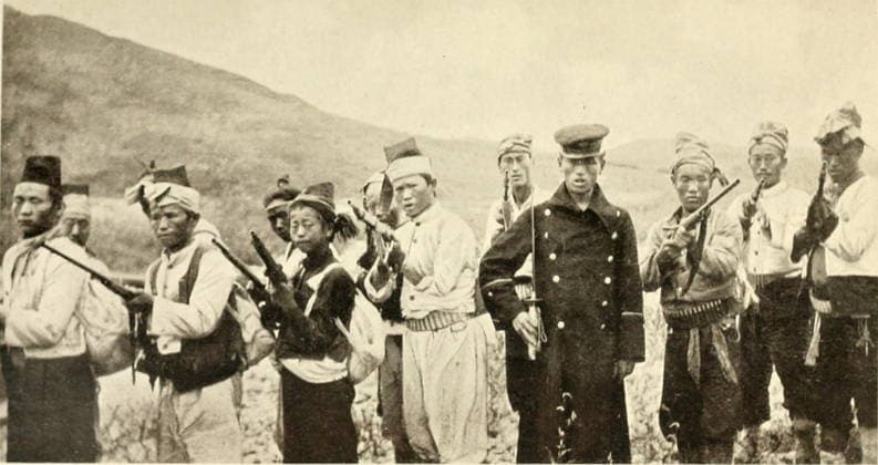 RECORD DATE NOT STATED Company of Korean Rebels by F.A McKenzie Company of Korean Rebels by F.A McKenzie. Photographed in 1907, from Tragedy of Korea by McKenzie. Editorial use only. All other uses to be cleared with the copyright owner (World History Archive), in advance., WHA_190_0321.jpg, Korean rebels; F.A McKenzie; Tragedy of Korea; 1907; Company of rebels; Korean history; Korean independence movement; Korean revolution; Korean resistance; Korean uprising; Korean nationalism; Korean patriots; Korean fighters; Korean soldiers; Korean warriors; Korean insurrection; Korean insubordination; Korean defiance; Korean protest; Korean rebellion; Korean insurrectionists; Korean insurgents; Korean dissidents; Korean opposition; Korean activists; Copyright: xWorldxHistoryxArchivex