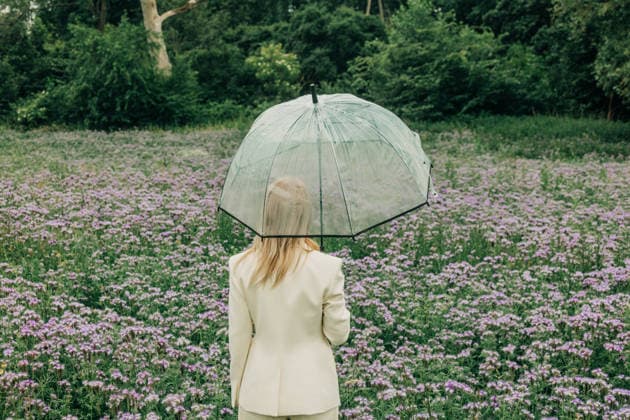 Woman in white suit holds transparent umbrella in phacelia meadow model released, Symbolfoto, VSNF05093