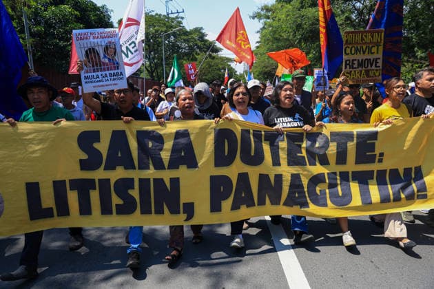 Protesters march toward Philippine Senate as VP Sara Duterte s Impeachment Trail kicks off METRO MANILA, PHILIPPINES – JULY 6: Anti-Sara Duterte protesters march towards the Philippine Senate, as Vice President Sara Duterte s impeachment trial commences, in Pasay City, Metro Manila, Philippines, on July 6, 2026. The impeachment trial of vice president Sara Duterte officially started on July 6 and is expected to last for several months. This comes amid rising political tensions over the impeachment trial and a growing calls for accountability for alleged corruption involving officials in nationwide flood-control projects. Daniel Ceng Anadolu Metro Manila Philippines. Editorial use only. Please get in touch for any other usage.  Copyright: x2026xAnadoluxDanielxCengx