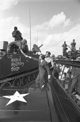 RECORD DATE NOT STATED President Richard Nixon during Visit to Dian, South Vietnam, July 30, 1969 President Richard Nixon Greets a U.S. Army 1st Infantry Division Soldier on the Magical Mystery Tour Tank during Visit to Dian, South Vietnam, July 30, 1969 Editorial Use only. All other uses to be cleared for permission with WHA or representative agent., WHA_197_1214.JPG.jpg, President Richard Nixon; U.S. Army; 1st Infantry Division; Soldier; Magical Mystery Tour Tank; Visit; Dian; South Vietnam; July 30, 1969; War; Vietnam War; Historical; Military; American President; Troops; Greeting; Meeting; Historical Visit; Army Tank; Soldier Greeting; President Meeting Soldier; Vietnam Conflict; 1960s; Historical Moment; Political Visit; American Histo Copyright: xWorldxHistoryxArchivex