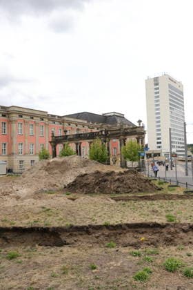 Die Baustelle zur Neugestaltung des Steubenplatzes in Potsdam, 5. Juli 2026. Neugestaltung Steubenplatz Potsdam *** The construction site for the redesign of Steubenplatz in Potsdam, July 5, 2026 Redesign of Steubenplatz in Potsdam