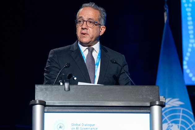 World Summit on Artificial Intelligence Jean Marc Ferré MAXPPP Geneva July 6, 2026 Khaled El Enany, Director-General of UNESCO, during the World Summit on Artificial Intelligence at Palexpo in Geneva on July 6, 2026. Photo by Jean Marc Ferré MAXPPP, Geneva, Switzerland  Copyright: xMAXPPPxJeanxMarcxFerréx FRR202607064825 FRR202607064825