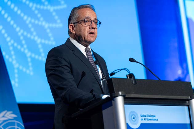 World Summit on Artificial Intelligence Jean Marc Ferré MAXPPP Geneva July 6, 2026 Khaled El Enany, Director-General of UNESCO, during the World Summit on Artificial Intelligence at Palexpo in Geneva on July 6, 2026. Photo by Jean Marc Ferré MAXPPP, Geneva, Switzerland  Copyright: xMAXPPPxJeanxMarcxFerréx FRR202607064841 FRR202607064841