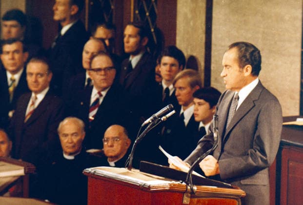 RECORD DATE NOT STATED President Richard Nixon Making the State of the Union Address, 1971 President Richard Nixon Making the State of the Union Address, 1 20 1971 Editorial Use only. All other uses to be cleared for permission with WHA or representative agent., WHA_197_1575.JPG.jpg, President Richard Nixon; State of the Union Address; 1 20 1971; United States; politics; government; speech; address; historical; event; American history; president; Richard Nixon; 1970s; formal; official; podium; Congress; Capitol Hill; Washington DC; public speaking; leader; national address; American politics; American president; historical moment; American government; American leader; American speech; American president speaking; formal event Copyright: xx