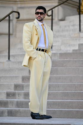 PFW Haute Couture Schiaparelli Outside Arrivals JR Bad Bunny arriving at the Schiaparelli show during Haute Couture Fashion Week in Paris, France, on 6 July 2026. Photo by Julien Reynaud APS-Medias ABACAPRESS.COM Paris France  Copyright: xReynaudxJulien APS-Medias ABACAx
