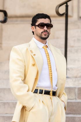 PFW HC Schiaparelli Outside Arrivals NB Bad Bunny arrived at the Schiaparelli Haute Couture Fall Winter 2026 2027 show as part of Paris Fashion Week on July 06, 2026 in Paris, France. Photo by Nasser Berzane ABACAPRESS.COM Paris France  Copyright: xBerzanexNasser ABACAx