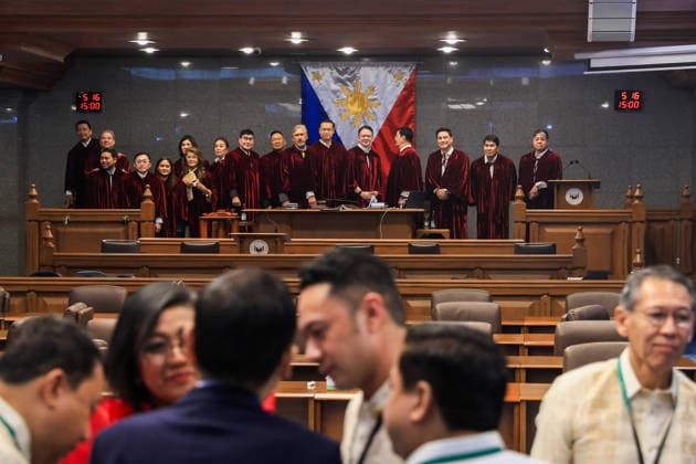Philippine Vice President Sara Duterte s impeachment trial begins METRO MANILA, PHILIPPINES - JULY 06: Senate President Francis Escudero, Senator Win Gatchalian and other senators acting as judges pose for a group photo following the opening of the impeachment trial of Philippine Vice President Sara Duterte inside the Senate in Pasay City, Metro Manila, Philippines, on July 06, 2026. The impeachment trial officially opened on July 06 and is expected to last several months. The proceedings come amid heightened political tensions and growing calls for accountability following corruption allegations involving officials in nationwide flood control projects. Daniel Ceng Anadolu Manila Philippines. Editorial use only. Please get in touch for an  Copyright: x2026xAnadoluxDanielxCengx