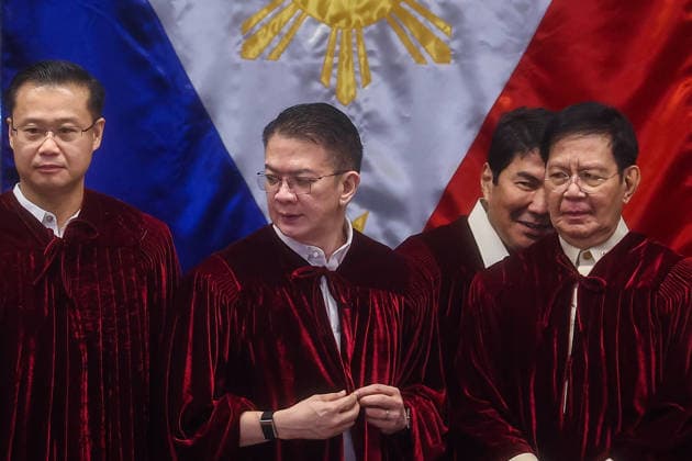Philippine Vice President Sara Duterte s impeachment trial begins METRO MANILA, PHILIPPINES - JULY 06: Senate President Francis Escudero (M), Senator Win Gatchalian (L) and other senators acting as judges pose for photographs following the opening session of the impeachment trial of Philippine Vice President Sara Duterte inside the Senate in Pasay City, Metro Manila, Philippines, on July 06, 2026. The impeachment trial officially opened on July 06 and is expected to last several months. The proceedings come amid heightened political tensions and growing calls for accountability following corruption allegations involving officials in nationwide flood control projects. Daniel Ceng Anadolu Manila Philippines. Editorial use only. Please get i  Copyright: x2026xAnadoluxDanielxCengx