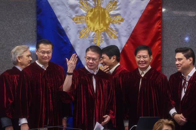 Philippine Vice President Sara Duterte s impeachment trial begins METRO MANILA, PHILIPPINES - JULY 06: Senate President Francis Escudero (M), Senator Win Gatchalian (2-L) and other senators acting as judges pose for photographs following the opening session of the impeachment trial of Philippine Vice President Sara Duterte inside the Senate in Pasay City, Metro Manila, Philippines, on July 06, 2026. The impeachment trial officially opened on July 06 and is expected to last several months. The proceedings come amid heightened political tensions and growing calls for accountability following corruption allegations involving officials in nationwide flood control projects. Daniel Ceng Anadolu Manila Philippines. Editorial use only. Please get  Copyright: x2026xAnadoluxDanielxCengx