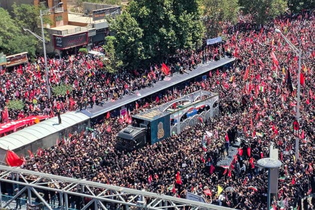 IRAN, TEHRAN - JULY 6, 2026: A truck carries the coffin as mourners follow a funeral procession for Supreme Leader Ayatollah Ali Khamenei (1939-2026) through the city s centre. Khamenei was killed in a joint US-Israeli airstrike on February 28. Mark Kiselev TASS  94745406