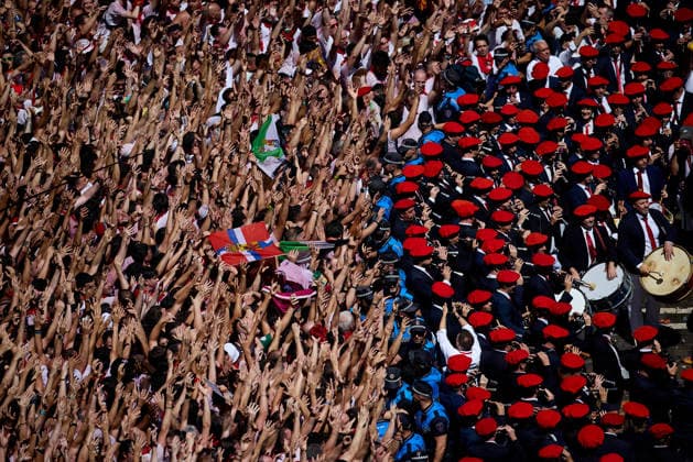 San Fermin Festival in Spain PAMPLONA, SPAIN - JULY 06: People celebrate during the opening of the San Fermin Festival in Pamplona, Spain on July 06, 2026. The festival, one of Spain s best-known cultural events and famous for the running of the bulls through narrow streets, officially began with the traditional Chupinazo, a ceremonial rocket launched from the balcony of the city hall. Ruben Albarran Anadolu Pamplona Spain. Editorial use only. Please get in touch for any other usage.  Copyright: x2026xAnadoluxRubenxAlbarranx