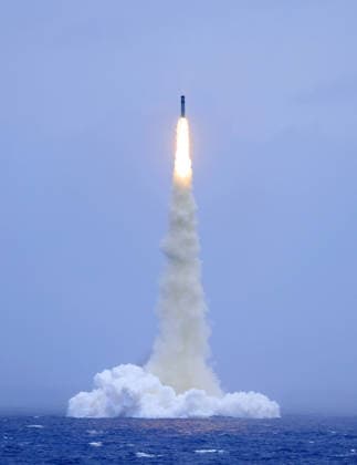 (260706) -- BEIJING, July 6, 2026 -- This photo taken on July 6, 2026 shows a strategic missile launched by a strategic nuclear submarine of the Chinese People s Liberation Army (PLA) Navy blasting off. The Chinese People s Liberation Army (PLA) Navy on Monday successfully conducted the test launch of a strategic missile by a submarine. The PLA Navy said that one strategic nuclear submarine of the navy successfully launched a strategic missile carrying a dummy warhead toward relevant high seas of the Pacific Ocean at 12:01 p.m., which landed precisely within the designated waters. The test launch is a routine arrangement of the annual training of the PLA Navy, the navy said, adding that the Chinese side has already notified relevant 